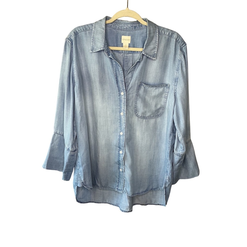 Chicos Light Blue Tencel Button Down Shirt 3/4 Bell Sleeve Size 2 Large